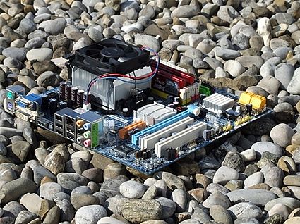 The motherboard and components from Part II, the Solar-Powered PC, which runs entirely from solar power.