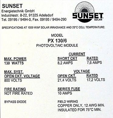 Specifications tag from our solar panel.